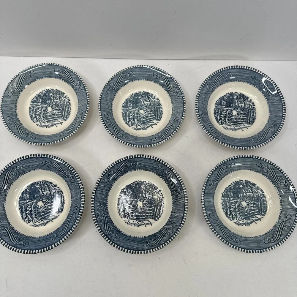 Currier Ives Blue White Berry Bowls Set 6 Old Grist Mill Cottagecore Decor